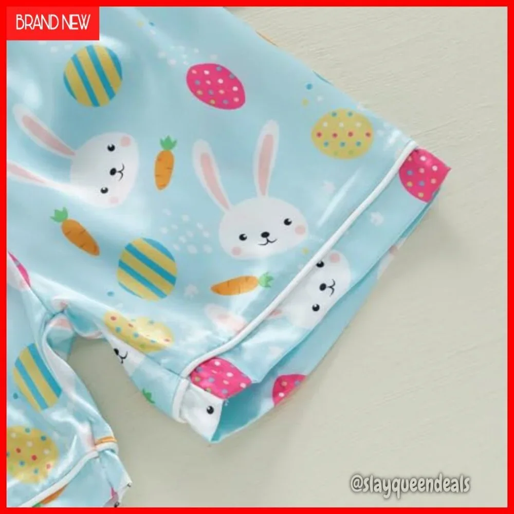 Toddler Easter Bunny Silk Pajama Set Short Sleeve Button Shirt Lounge Shorts